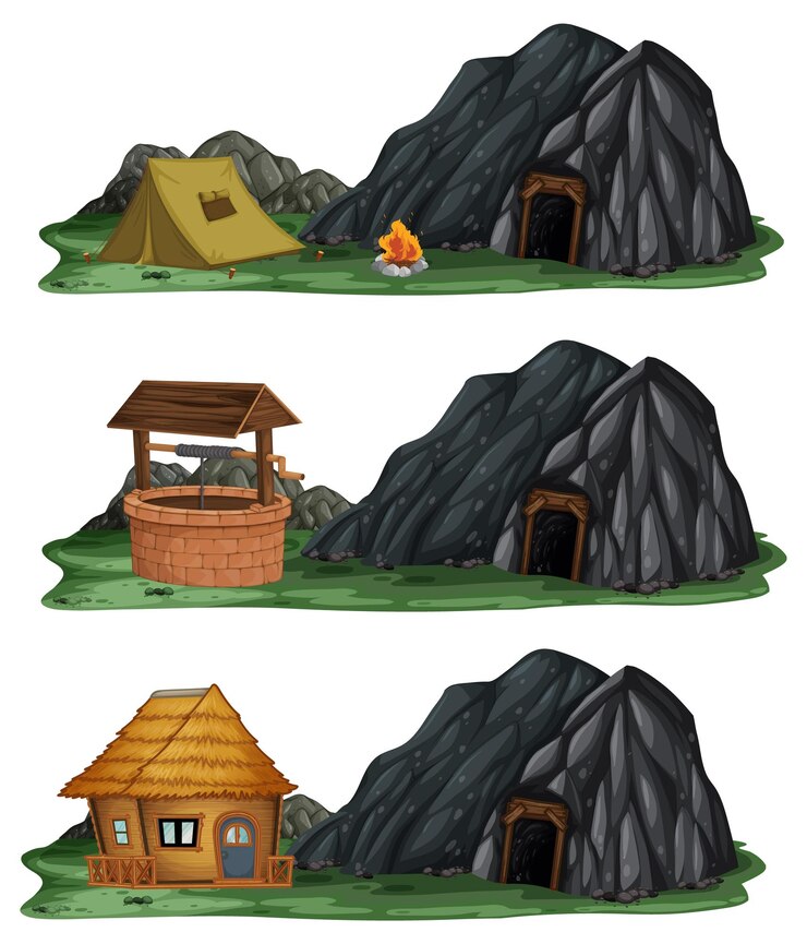 A tent, a well and a house in front of the entry to a mine