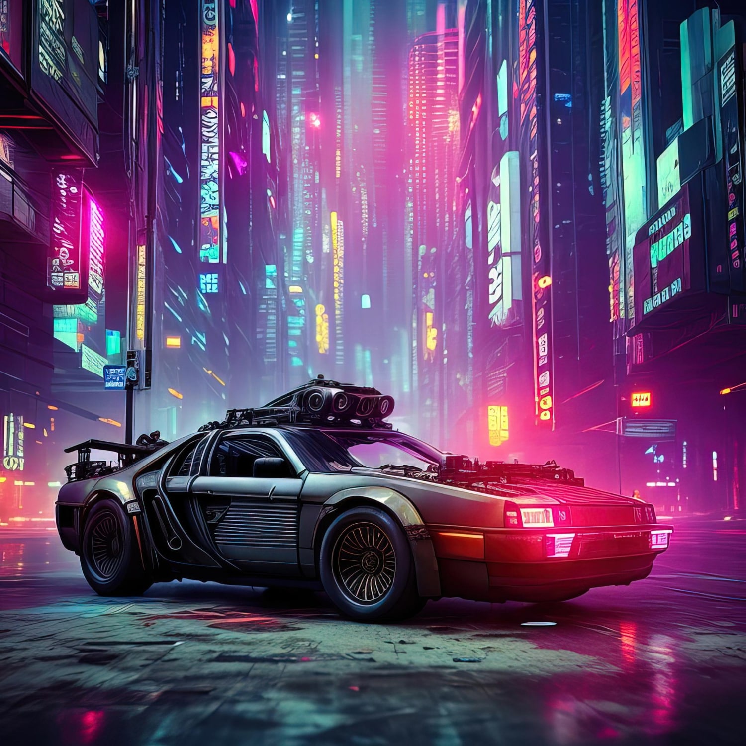 A futuristic car in a futuristic cityscape